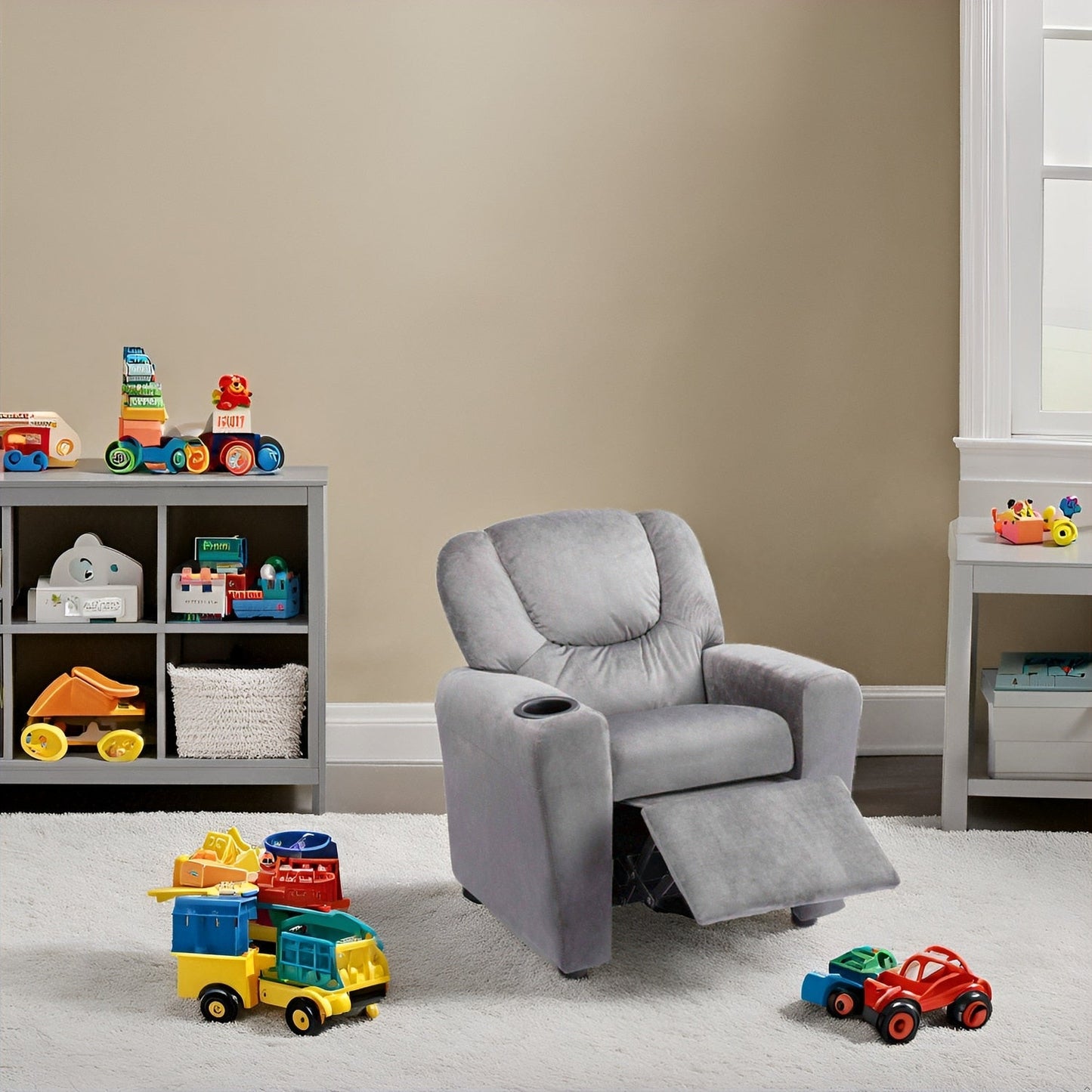 PVC Kids Recliner Chair with Push-Back Reclining Function, Cup Holder, and Comfortable Footres
