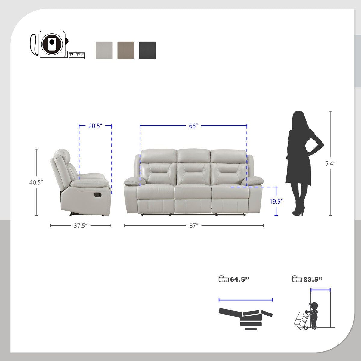 Papyrus Leather Match Manual Double Reclining Sofa