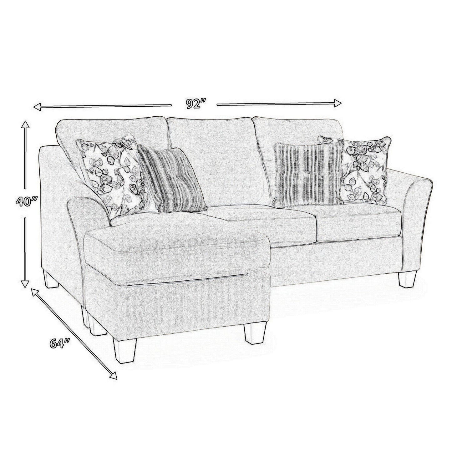 Parker L Sofa Chaise, Gray Polyester, 4 Accent Throw Pillows, 92 Inch