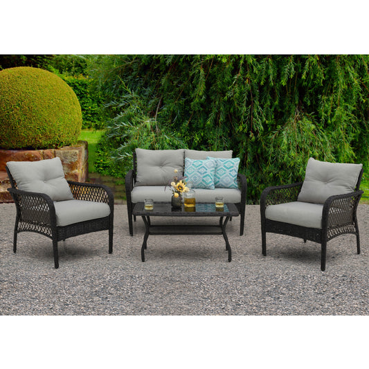Patio 4-Piece Wicker Conversation Set with Table and Cushions, Brown