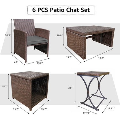 Patio 6 Pieces Wicker Conversation Set with Ottoman and Side Table