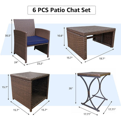 Patio 6 Pieces Wicker Conversation Set with Ottoman and Side Table