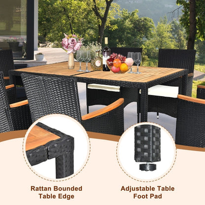 Patio 7-Piece Wicker Acacia Wood Outdoor Dining Set with Beige Cushion