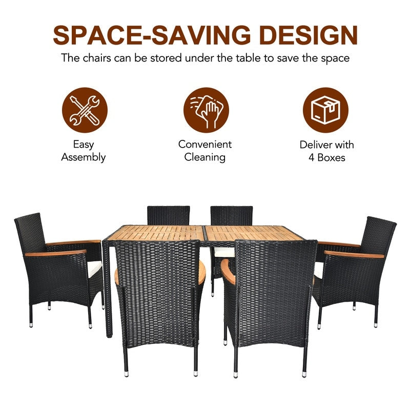 Patio 7-Piece Wicker Acacia Wood Outdoor Dining Set with Beige Cushion