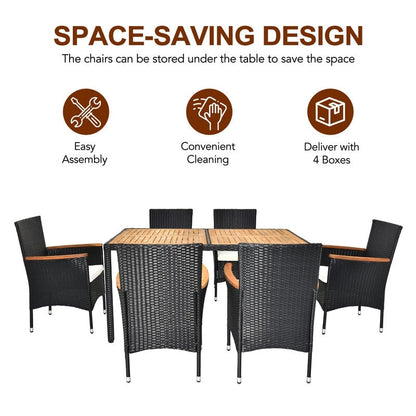 Patio 7-Piece Wicker Acacia Wood Outdoor Dining Set with Beige Cushion