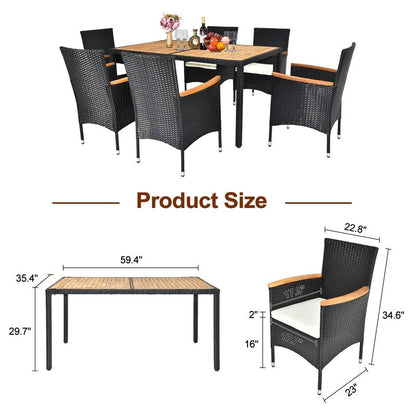 Patio 7-Piece Wicker Acacia Wood Outdoor Dining Set with Beige Cushion