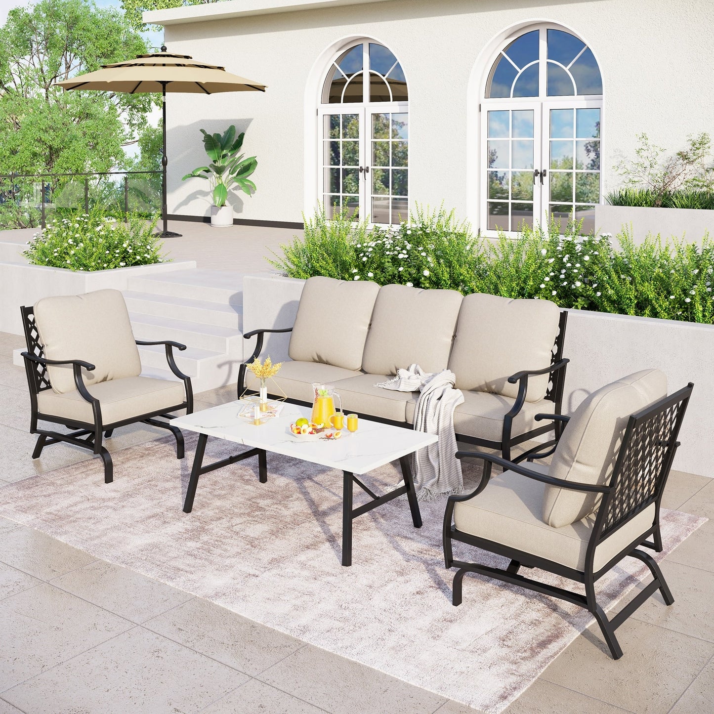 MAISON ARTS Patio Conversation Sets 5/7/9-Seat, Sofa Set with 2 Single Sofa Chairs, 3-Seater Sofa, Ottoman and Coffee Table