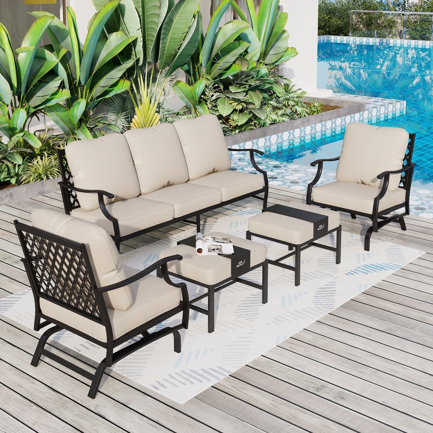 MAISON ARTS Patio Conversation Sets 5/7/9-Seat, Sofa Set with 2 Single Sofa Chairs, 3-Seater Sofa, Ottoman and Coffee Table