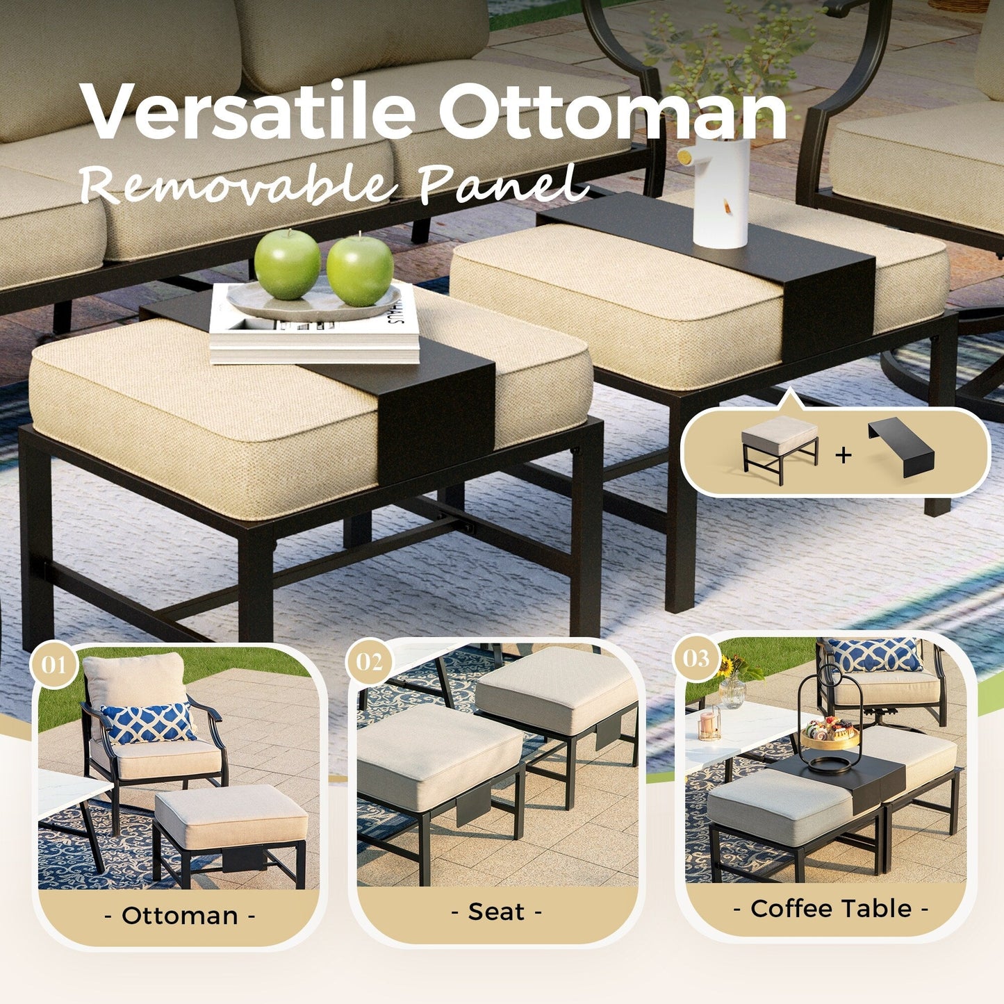 MAISON ARTS Patio Conversation Sets 5/7/9-Seat, Sofa Set with 2 Single Sofa Chairs, 3-Seater Sofa, Ottoman and Coffee Table