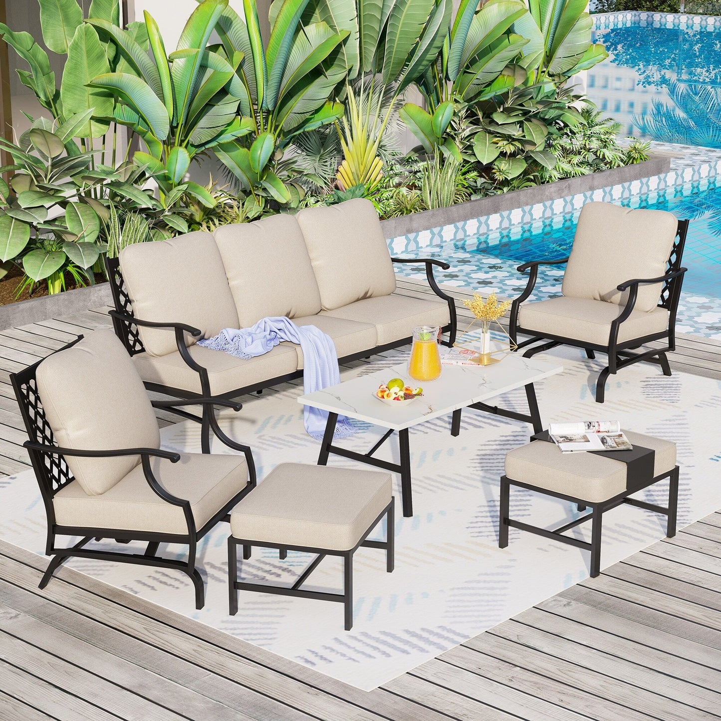 MAISON ARTS Patio Conversation Sets 5/7/9-Seat, Sofa Set with 2 Single Sofa Chairs, 3-Seater Sofa, Ottoman and Coffee Table