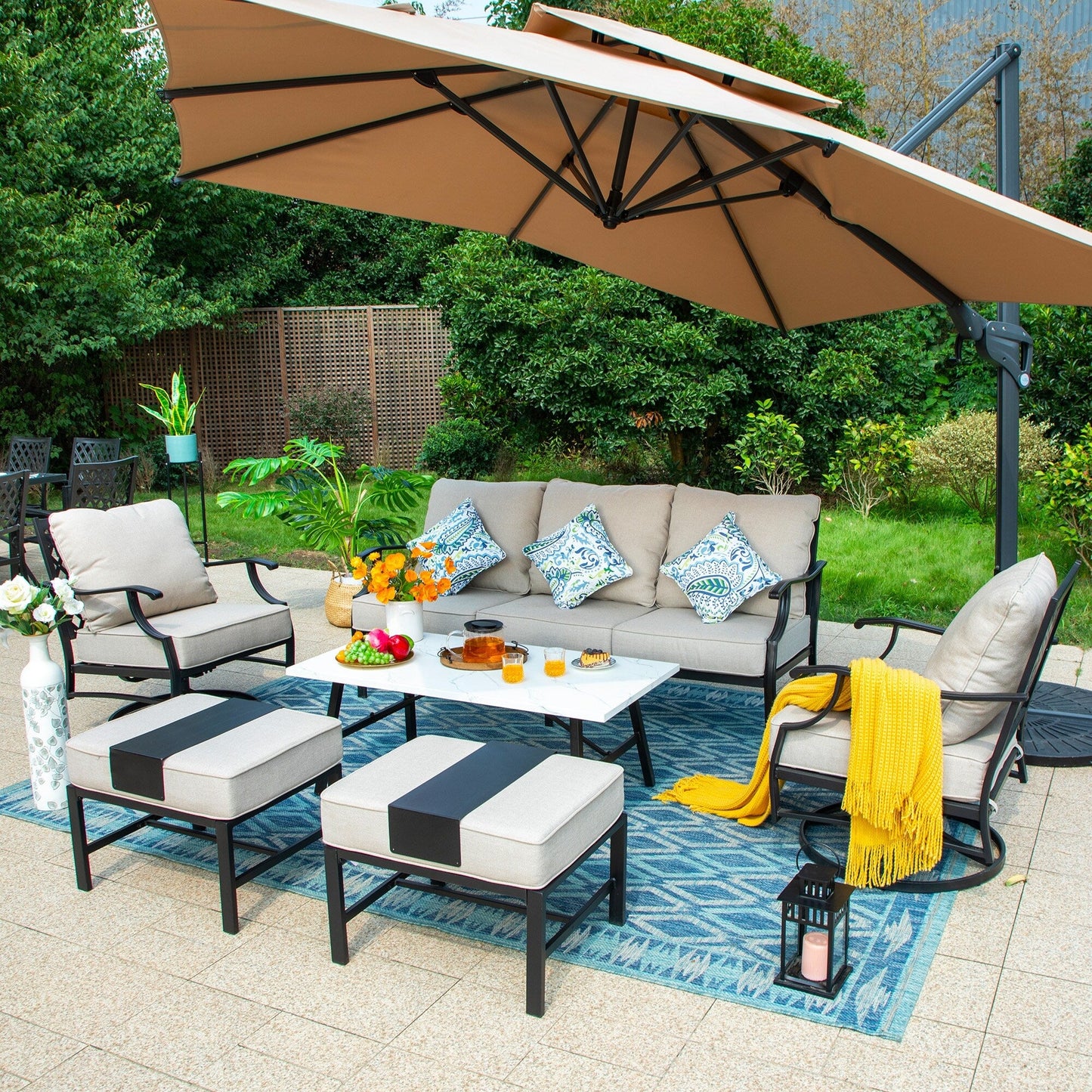 MAISON ARTS Patio Conversation Sets 5/7/9-Seat, Sofa Set with 2 Single Sofa Chairs, 3-Seater Sofa, Ottoman and Coffee Table