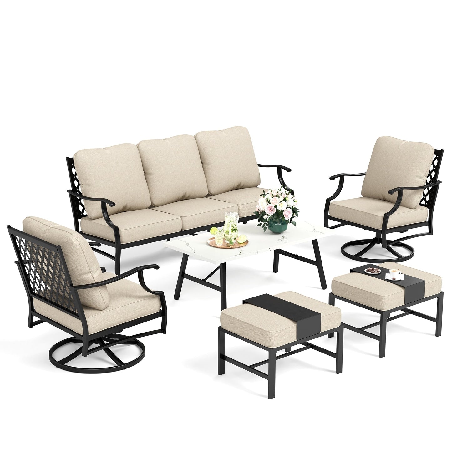 MAISON ARTS Patio Conversation Sets 5/7/9-Seat, Sofa Set with 2 Single Sofa Chairs, 3-Seater Sofa, Ottoman and Coffee Table