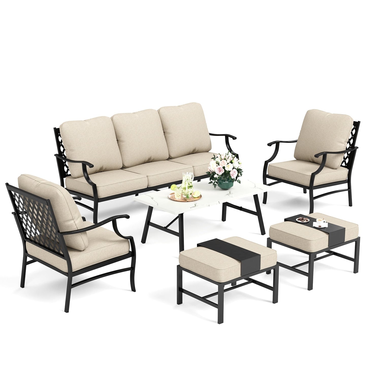 MAISON ARTS Patio Conversation Sets 5/7/9-Seat, Sofa Set with 2 Single Sofa Chairs, 3-Seater Sofa, Ottoman and Coffee Table