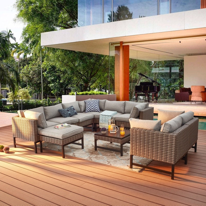 Patio Festival 10-piece Right-Angle Outdoor Wicker Conversation Set