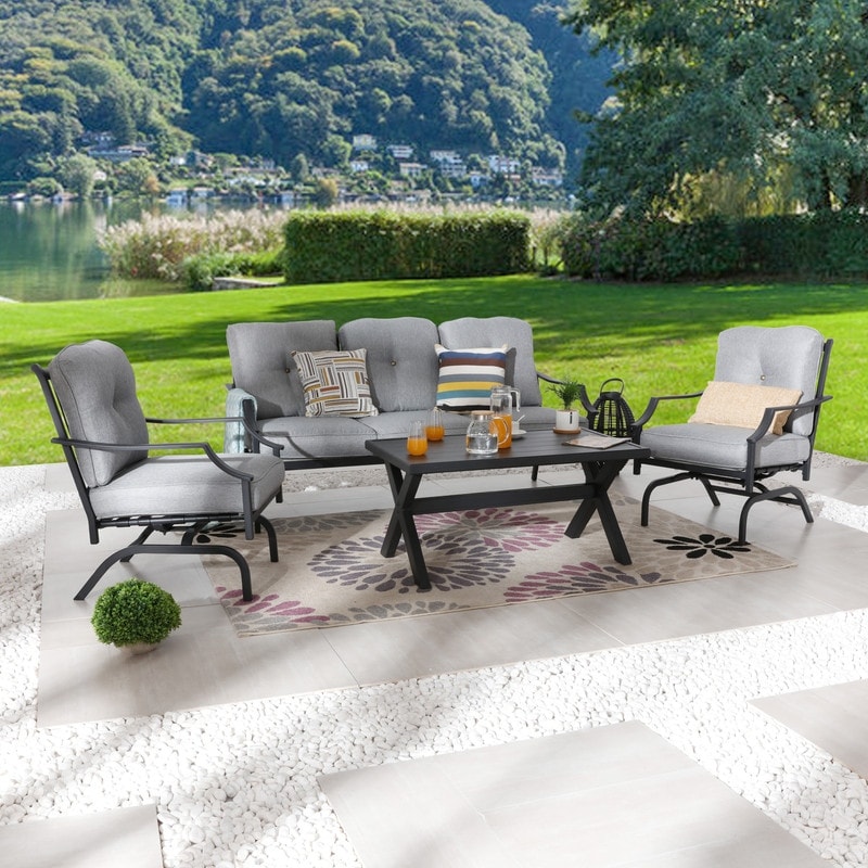 Patio Festival 4-Piece Outdoor Metal Sofa and Chair Set with Coffee Table