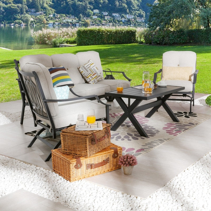 Patio Festival 4-Piece Outdoor Metal Sofa and Chair Set with Coffee Table