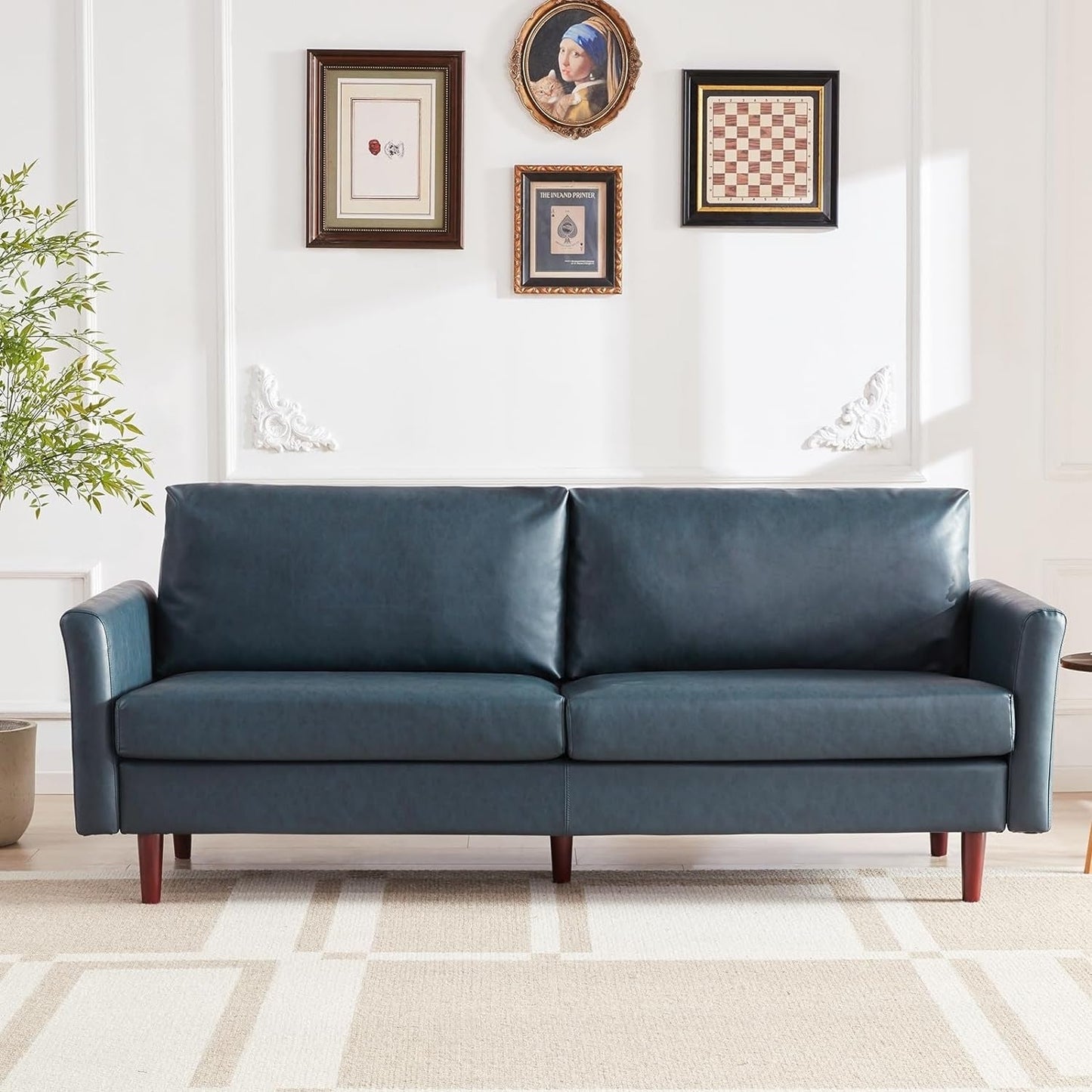 Peacock Blue Mid-Century Modern 80 Faux Leather 3-seater Sofa with Wood Legs and Padded Cushionsfor Living Room