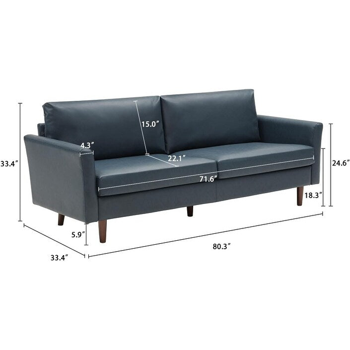 Peacock Blue Mid-Century Modern 80 Faux Leather 3-seater Sofa with Wood Legs and Padded Cushionsfor Living Room