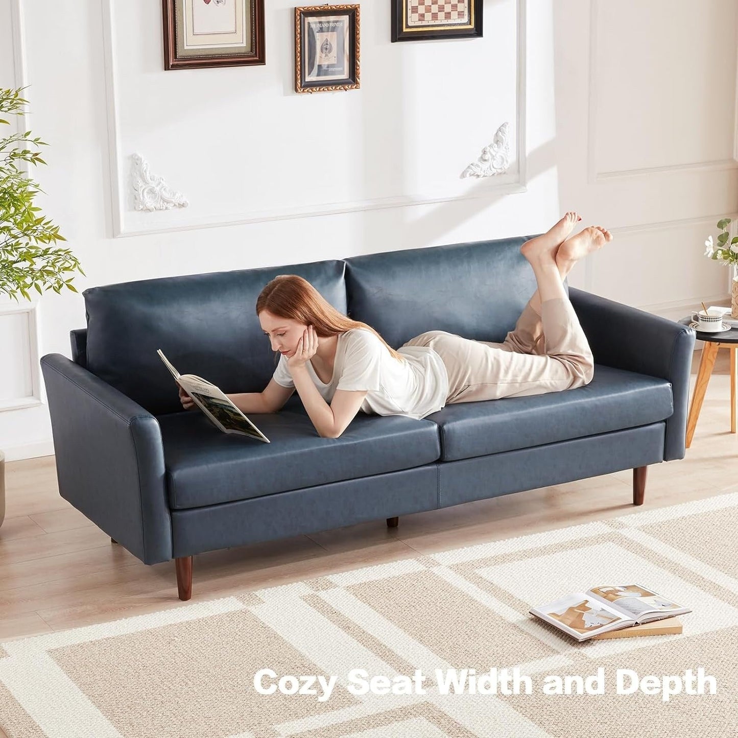 Peacock Blue Mid-Century Modern 80 Faux Leather 3-seater Sofa with Wood Legs and Padded Cushionsfor Living Room