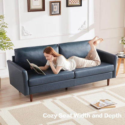 Peacock Blue Mid-Century Modern 80 Faux Leather 3-seater Sofa with Wood Legs and Padded Cushionsfor Living Room