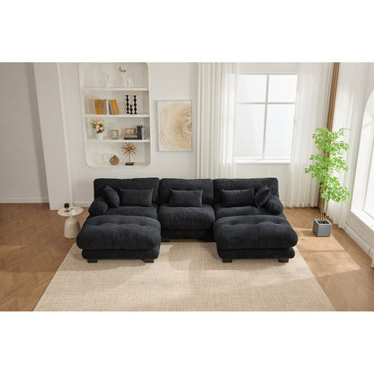 Pelletized velvet U Shape Cloud Couch with 2 Ottomans,Free Combined 3 Seater Comfy Sofa with Bolster Armrest Pillows