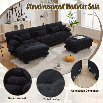 Pelletized velvet U Shape Cloud Couch with 2 Ottomans,Free Combined 3 Seater Comfy Sofa with Bolster Armrest Pillows