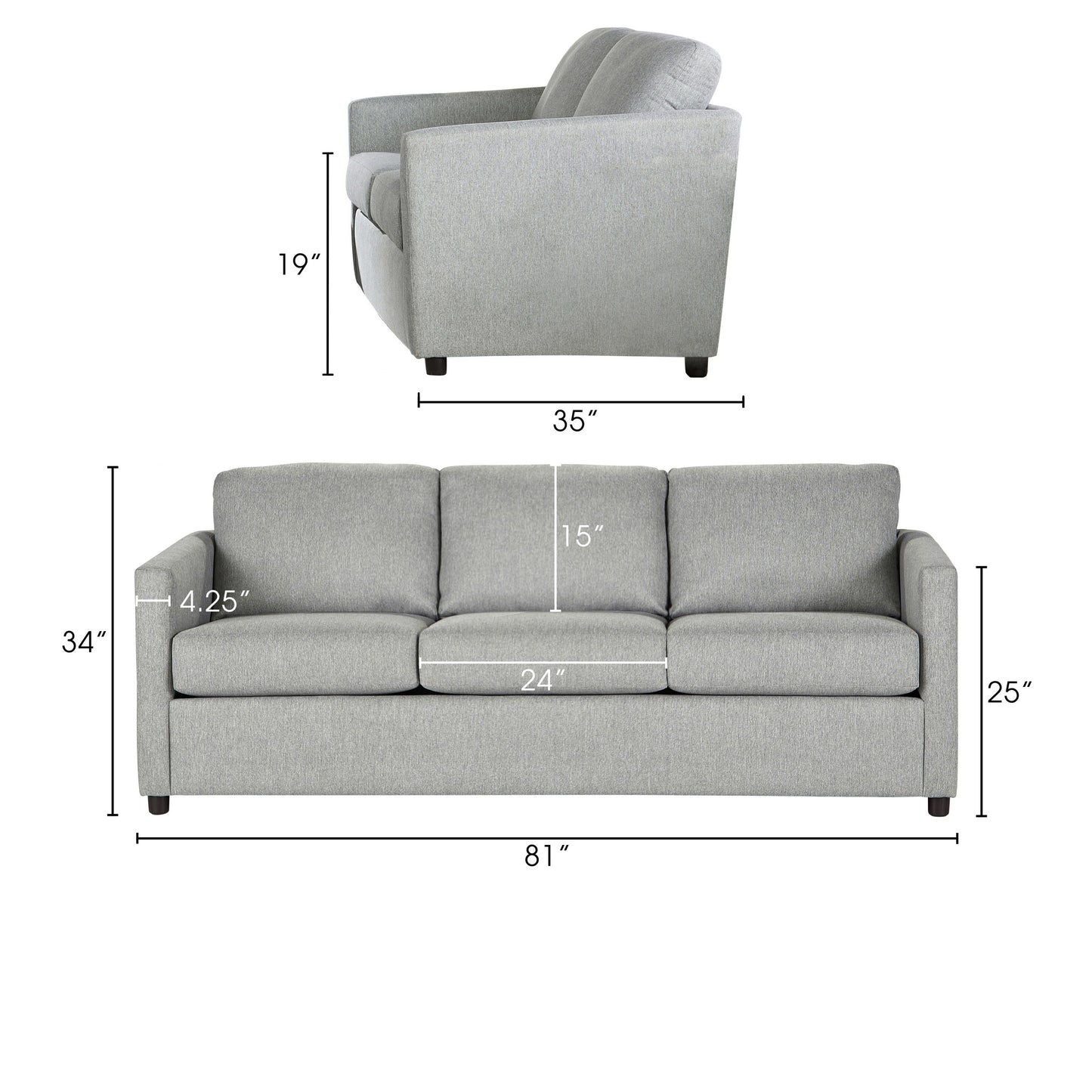Piasa Sofa, Transitional Light Gray Polyester and Solid Wood, 81 Inch