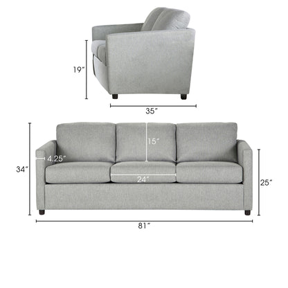 Piasa Sofa, Transitional Light Gray Polyester and Solid Wood, 81 Inch
