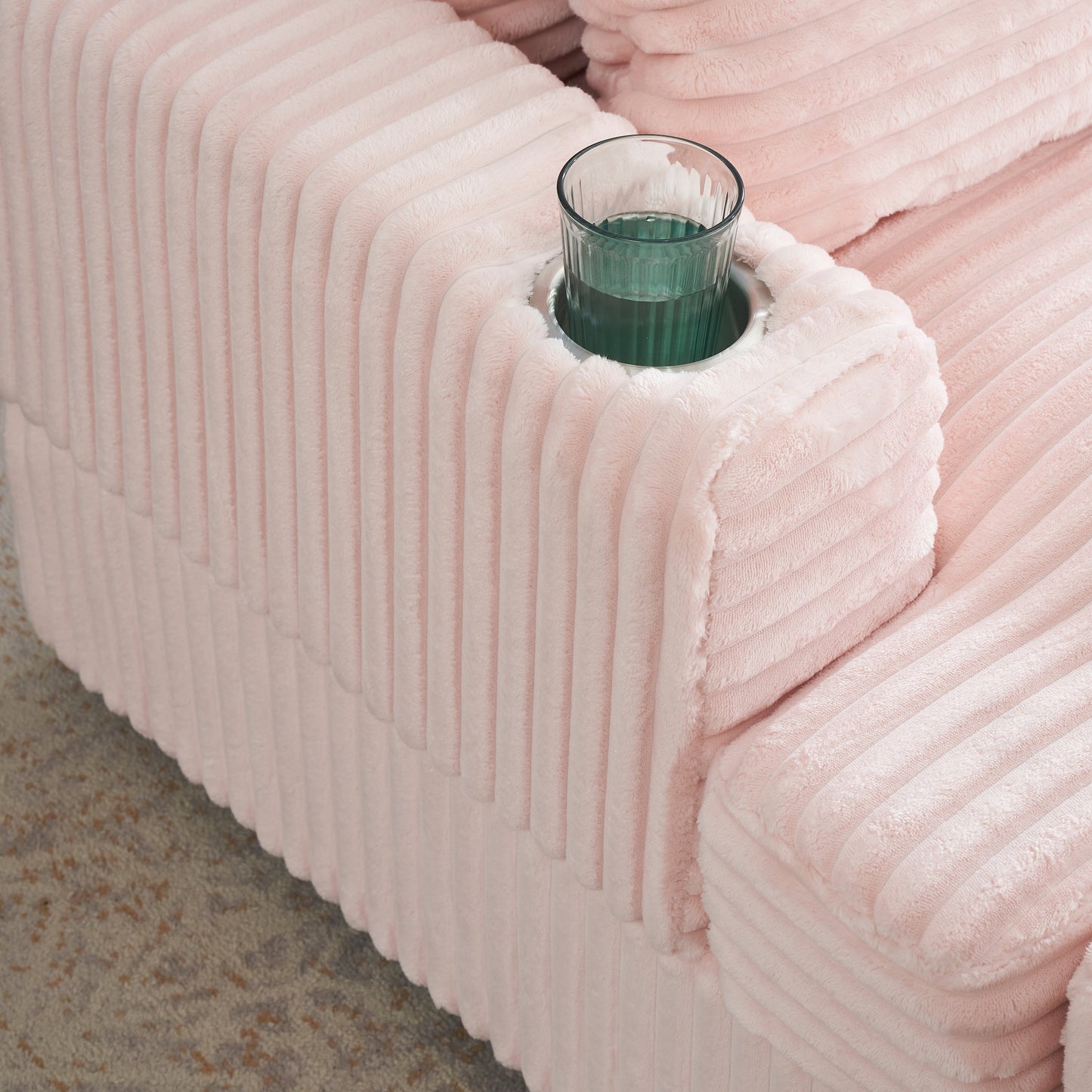 Pink 39.37 Corduroy Upholstered Single Armchair Sofa with Ottoman and Cup Holder for Lving Room