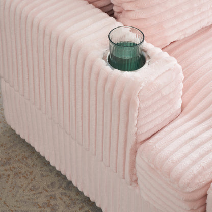 Pink 39.37 Corduroy Upholstered Single Armchair Sofa with Ottoman and Cup Holder for Lving Room