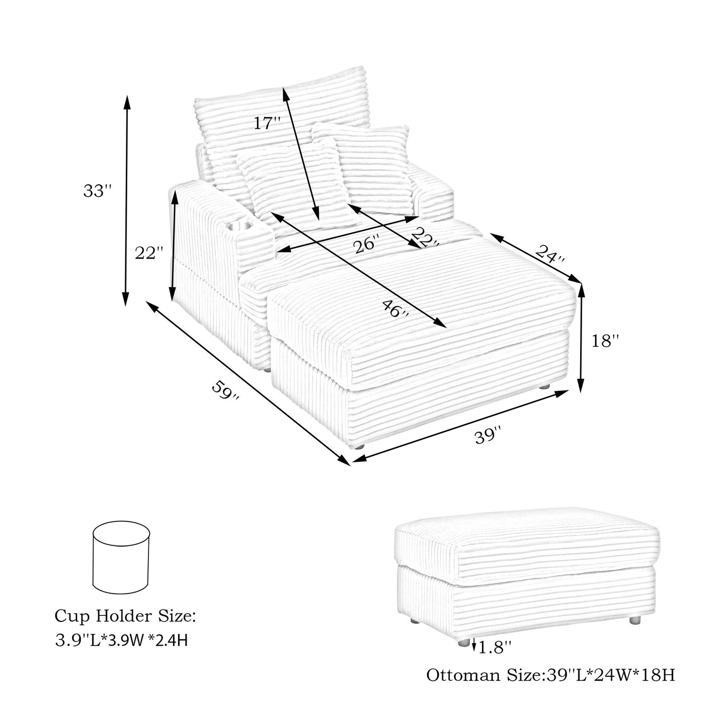 Pink 39.37 Corduroy Upholstered Single Armchair Sofa with Ottoman and Cup Holder for Lving Room