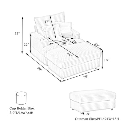 Pink 39.37 Corduroy Upholstered Single Armchair Sofa with Ottoman and Cup Holder for Lving Room