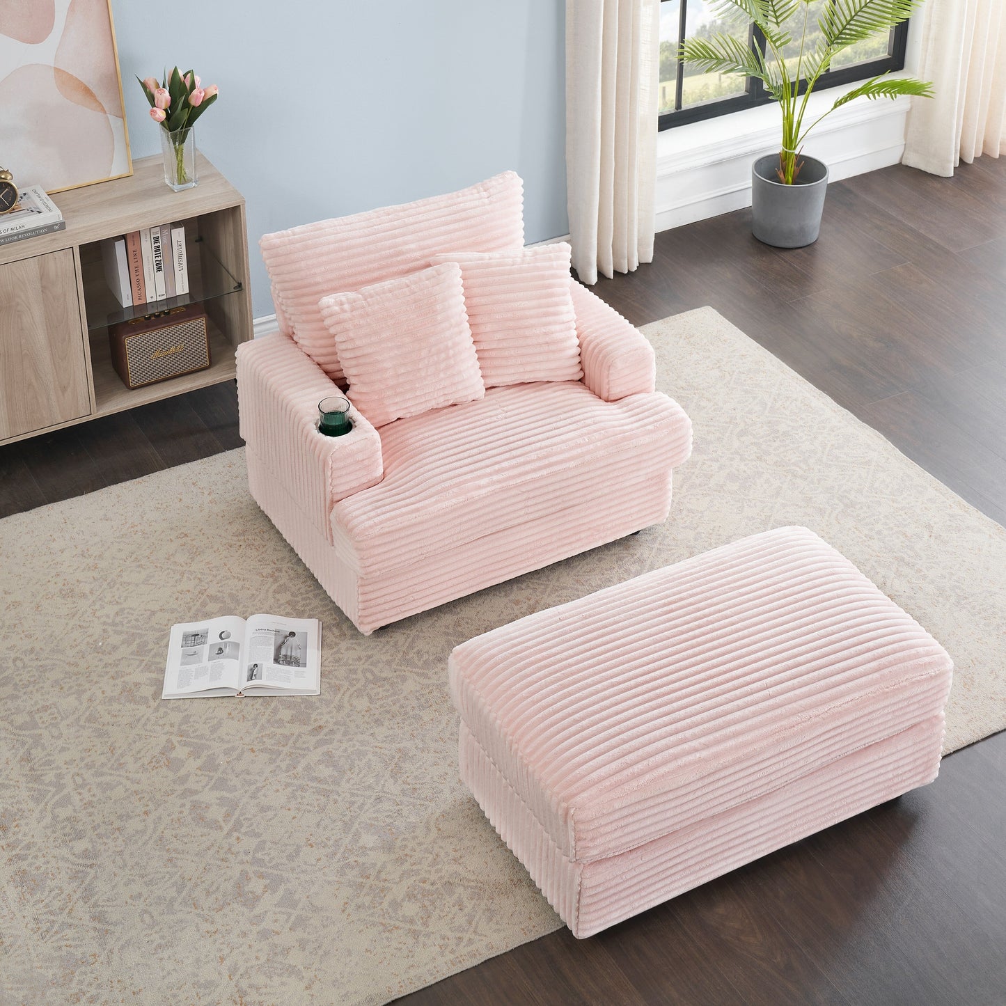 Pink 39.37 Corduroy Upholstered Single Armchair Sofa with Ottoman and Cup Holder for Lving Room
