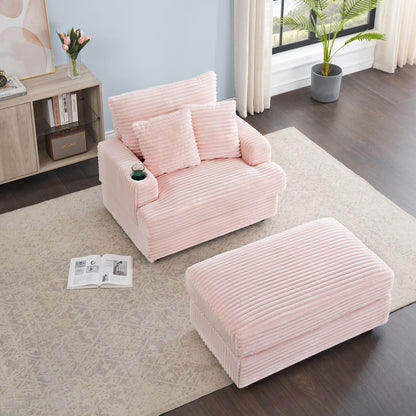 Pink 39.37 Corduroy Upholstered Single Armchair Sofa with Ottoman and Cup Holder for Lving Room