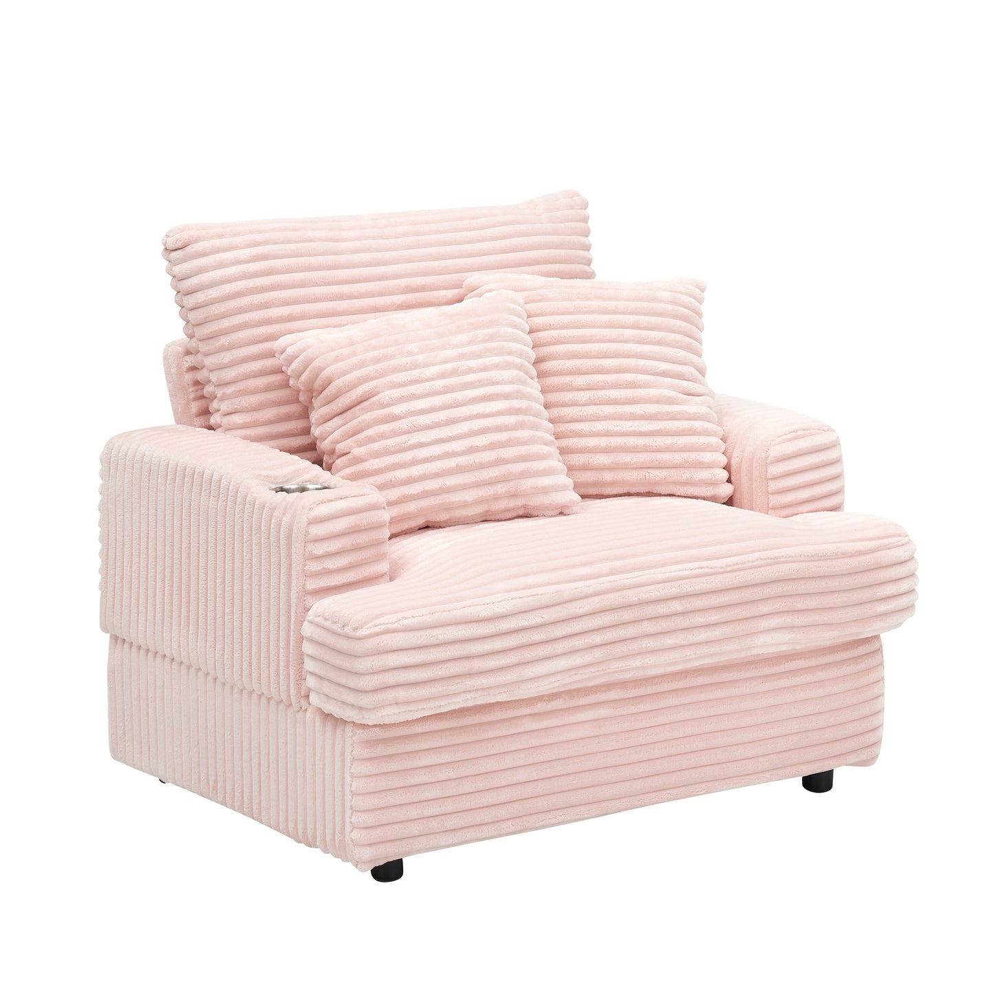 Pink 39.37 Corduroy Upholstered Single Armchair Sofa with Ottoman and Cup Holder for Lving Room