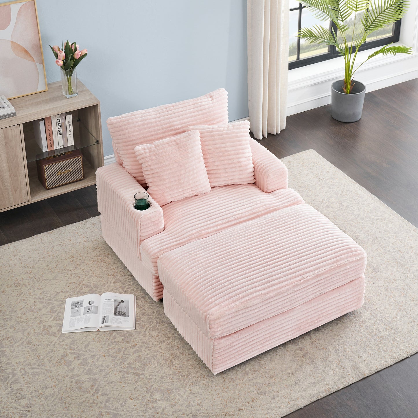 Pink 39.37 Corduroy Upholstered Single Armchair Sofa with Ottoman and Cup Holder for Lving Room