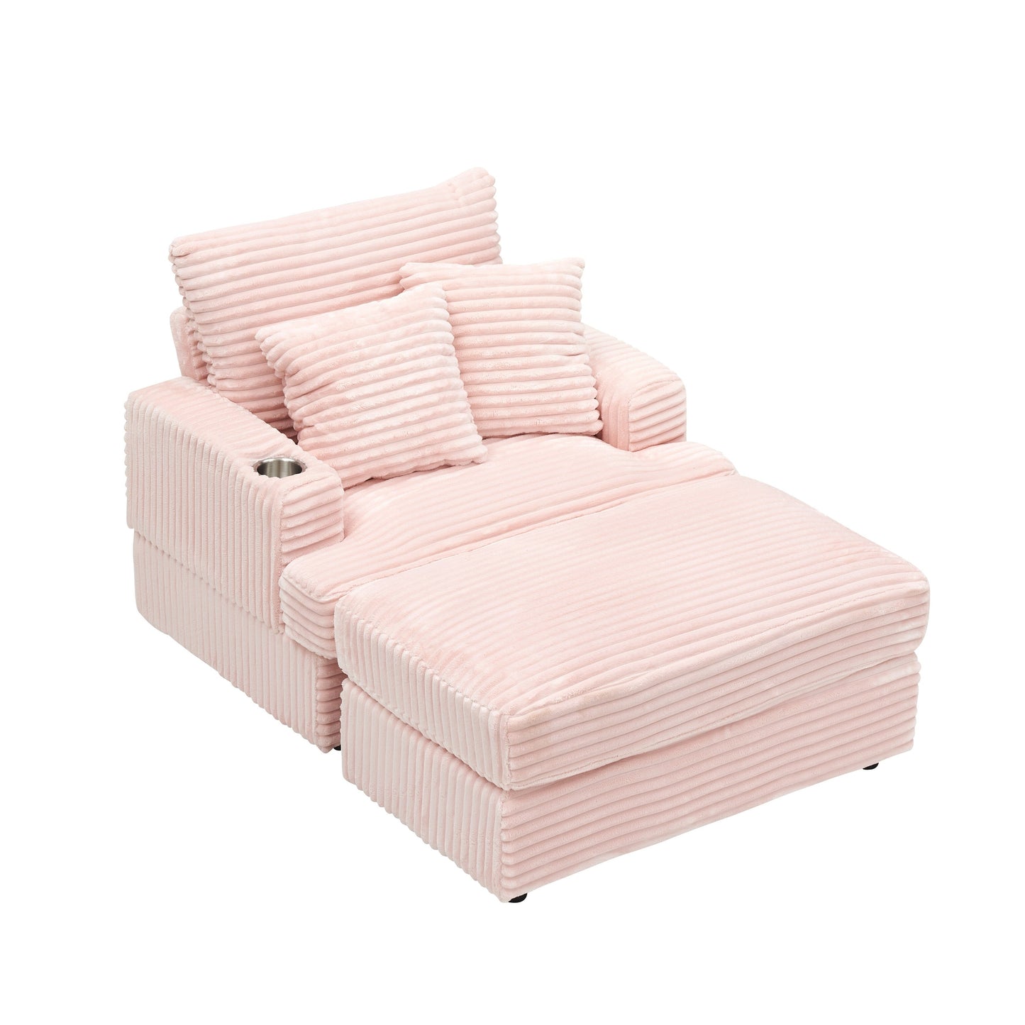 Pink 39.37 Corduroy Upholstered Single Armchair Sofa with Ottoman and Cup Holder for Lving Room
