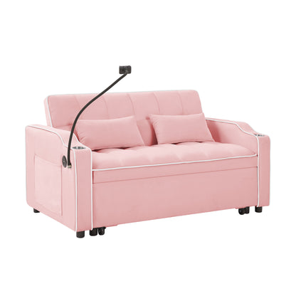 Pink 54.7 Velvet Convertible Loveseat Sofa with USB Ports and Phone Holder