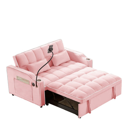 Pink 54.7 Velvet Convertible Loveseat Sofa with USB Ports and Phone Holder