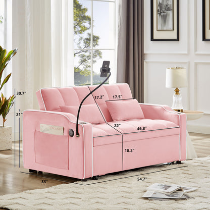 Pink 54.7 Velvet Convertible Loveseat Sofa with USB Ports and Phone Holder
