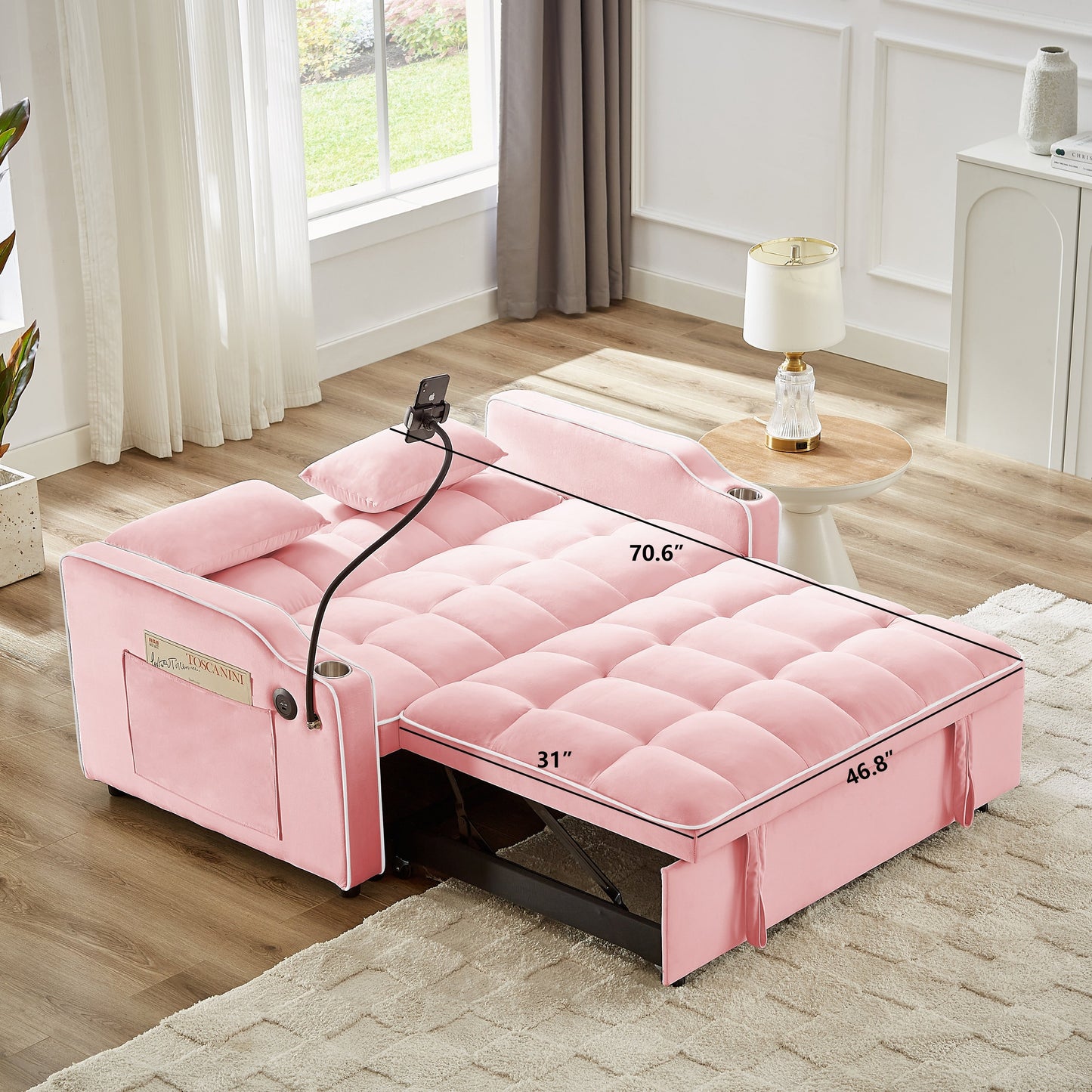 Pink 54.7 Velvet Convertible Loveseat Sofa with USB Ports and Phone Holder