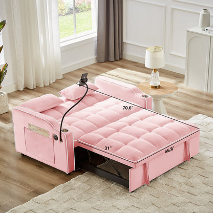 Pink 54.7 Velvet Convertible Loveseat Sofa with USB Ports and Phone Holder