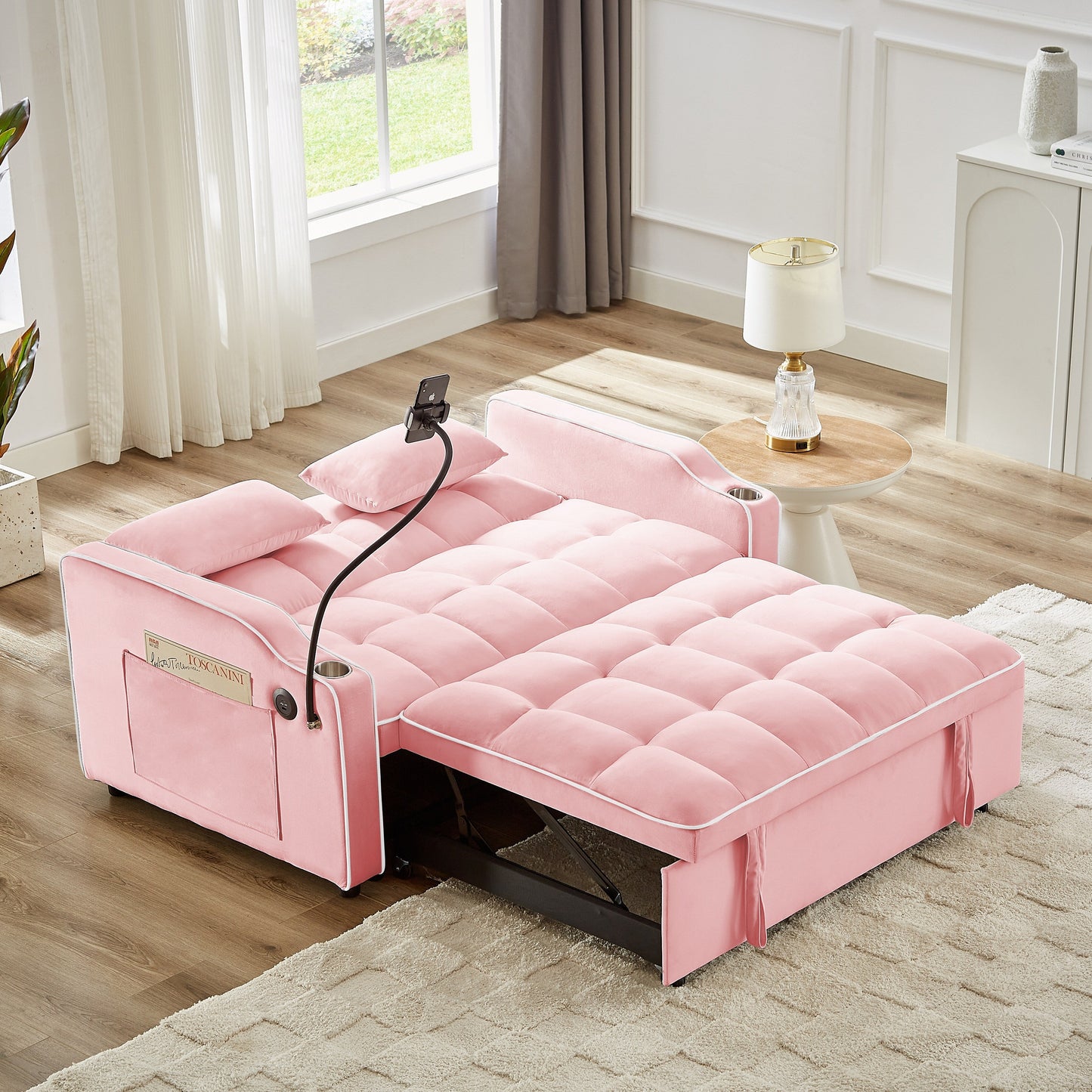 Pink 54.7 Velvet Convertible Loveseat Sofa with USB Ports and Phone Holder