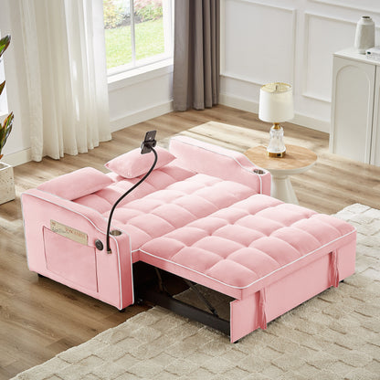 Pink 54.7 Velvet Convertible Loveseat Sofa with USB Ports and Phone Holder
