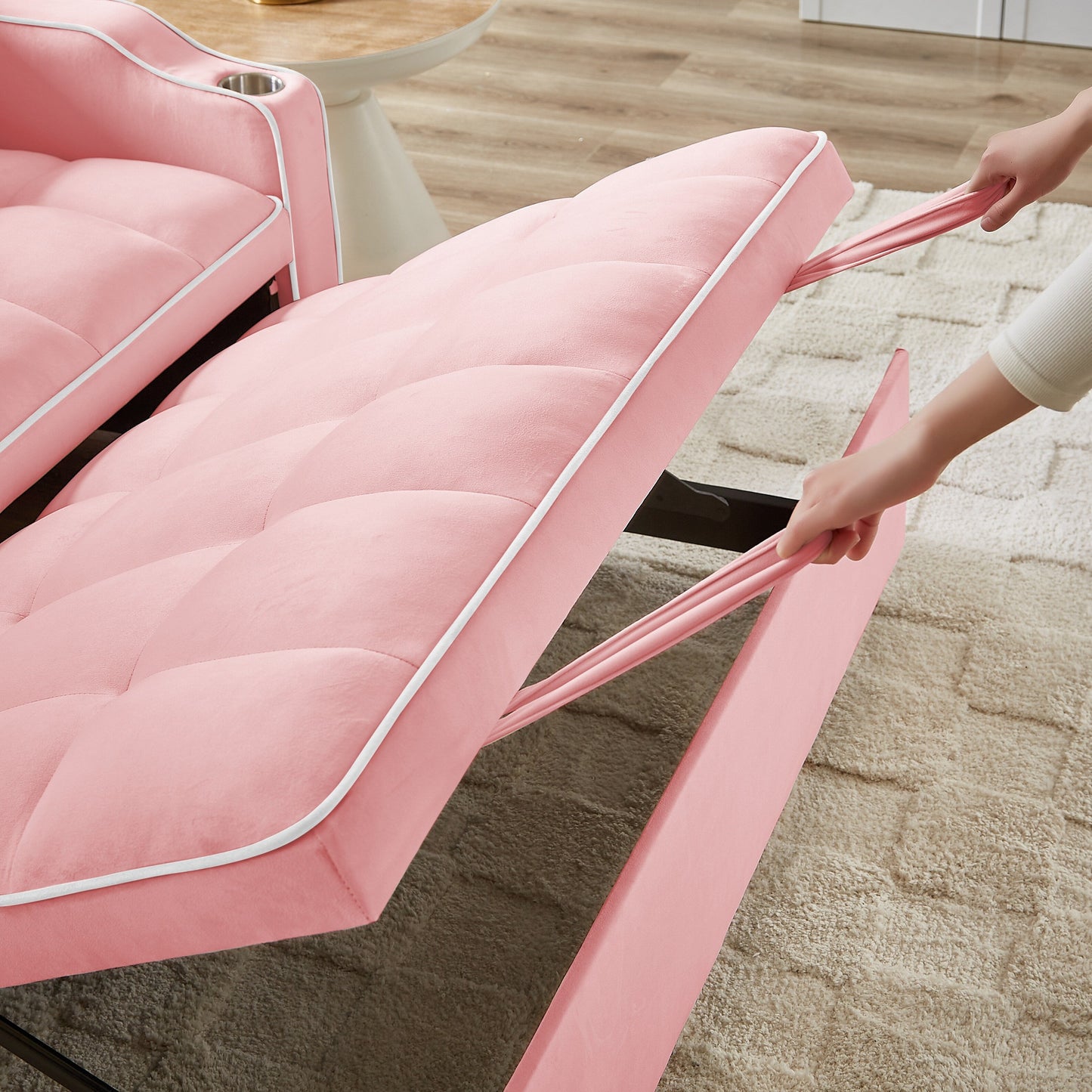 Pink 54.7 Velvet Convertible Loveseat Sofa with USB Ports and Phone Holder