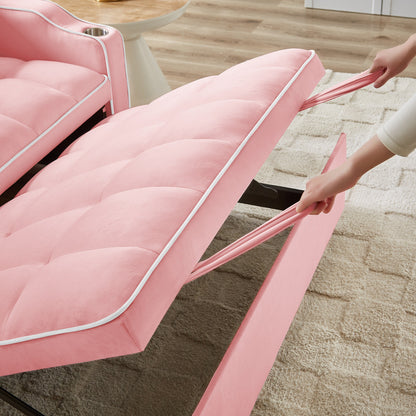 Pink 54.7 Velvet Convertible Loveseat Sofa with USB Ports and Phone Holder