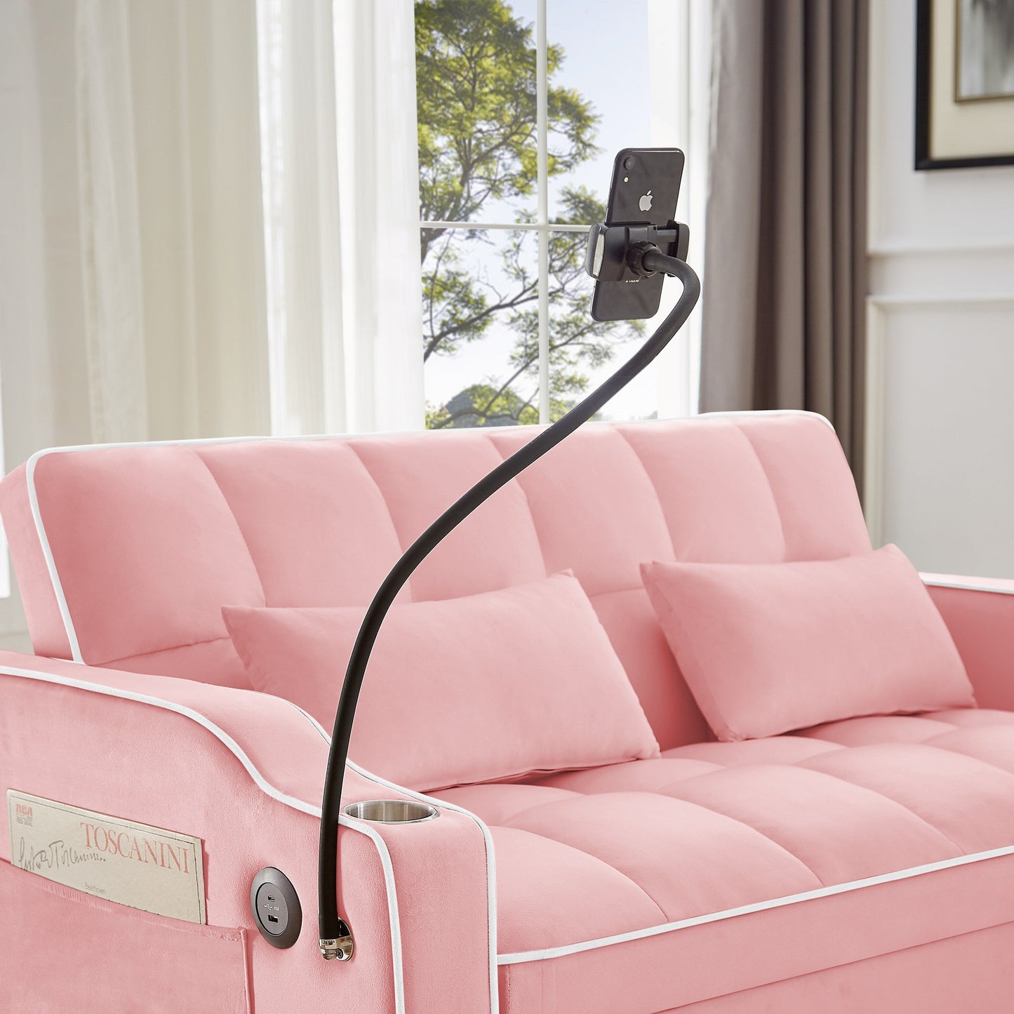 Pink 54.7 Velvet Convertible Loveseat Sofa with USB Ports and Phone Holder