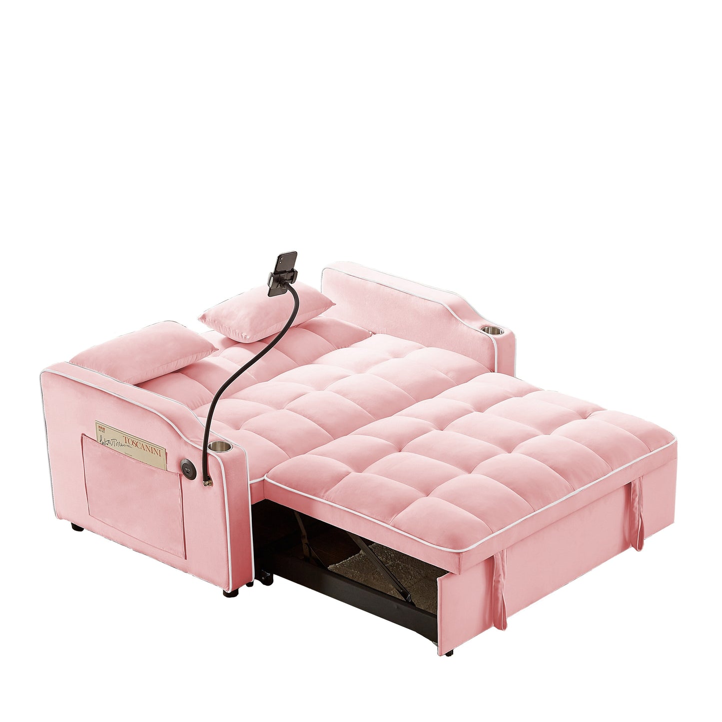 Pink 54.7 Velvet Convertible Loveseat Sofa with USB Ports and Phone Holder