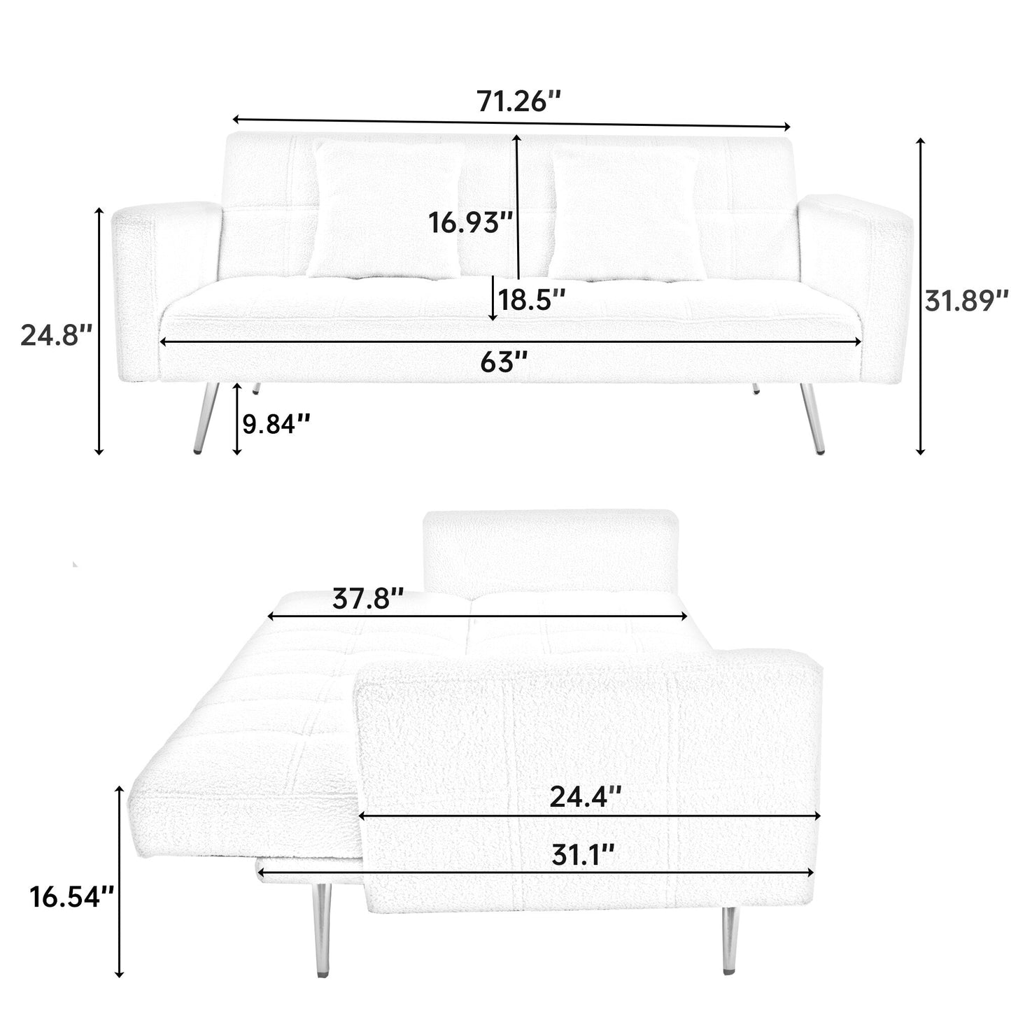 Pink 71.7 Teddy Fleece Convertible Loveseat Sofa Bed with Adjustable Backrest and 2 Pillows for Living Room