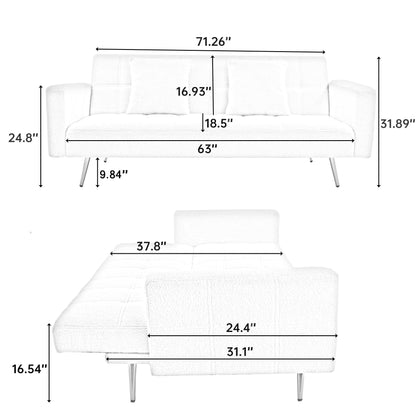 Pink 71.7 Teddy Fleece Convertible Loveseat Sofa Bed with Adjustable Backrest and 2 Pillows for Living Room